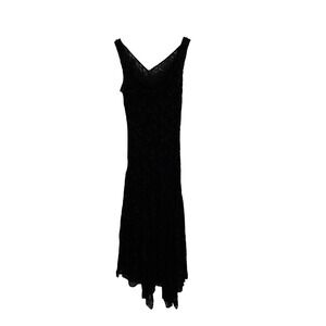 ECI New York Black Silk Velvet Drape Neck Midi Dress Size 10 Asymmetric Hem